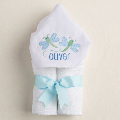 Hooded towel with applique  dragonflies and personalized with a name.