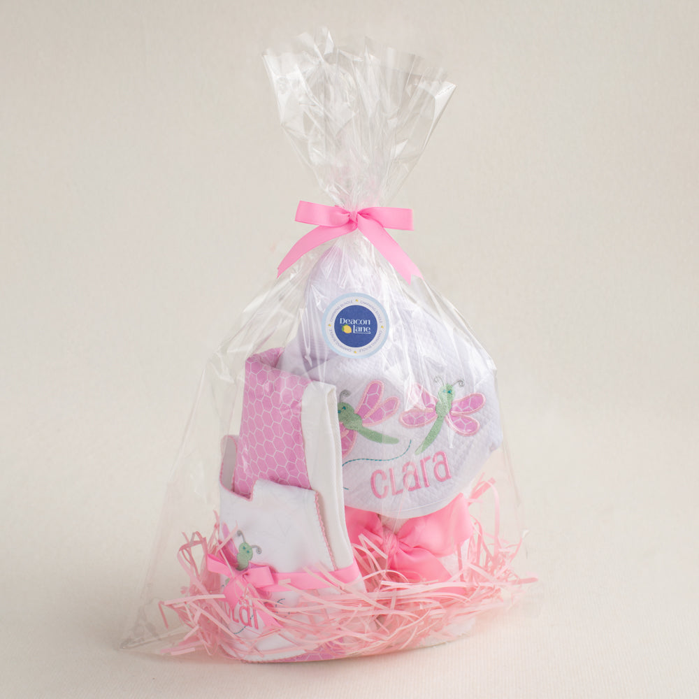 Beautifully packaged 3 piece gift set from Deacon Lane in a pink dragonfly applique motif