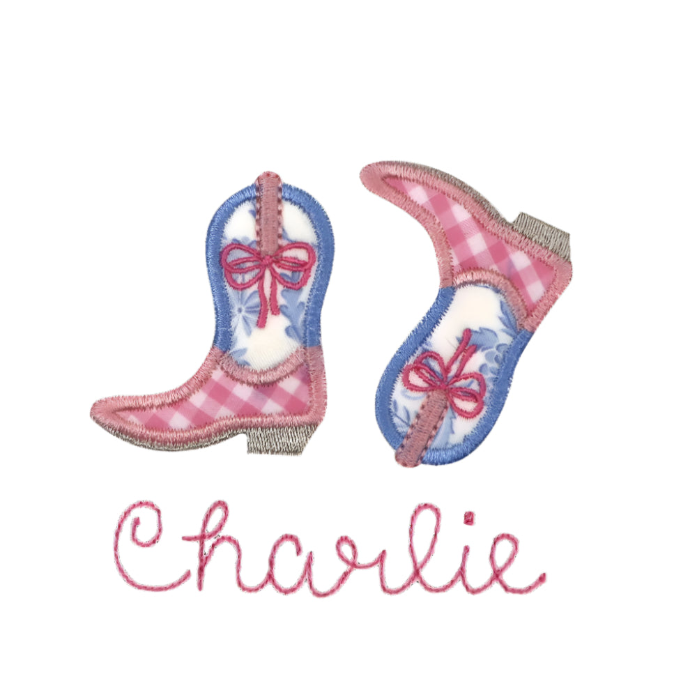 Shabby Chic Cowgirl Kickin' Applique Boots + Bows  Picot Bib - Pink check/Blue floral