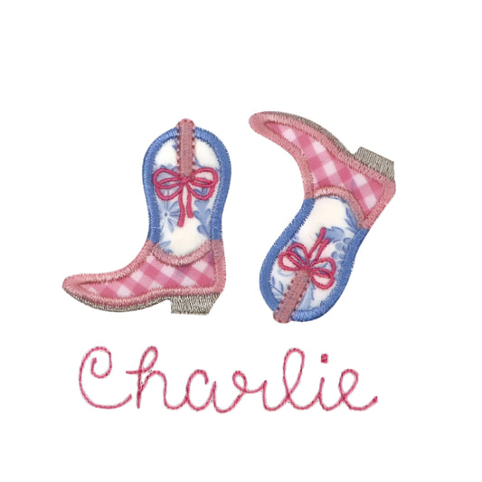 Shabby Chic Cowgirl Kickin' Applique Boots Burp Pad - Pink check/Blue floral