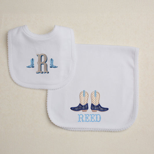 matching picot trimmed gift set with monogrammed bib and appliqued burp pad with an embroidered name