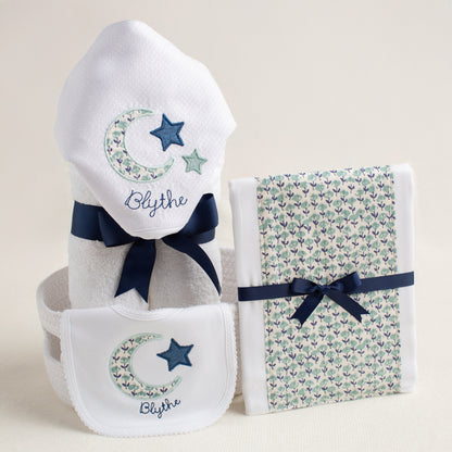 Boutique baby gift set with appliqued moon and stars applique in a navy and seafoam print fabric