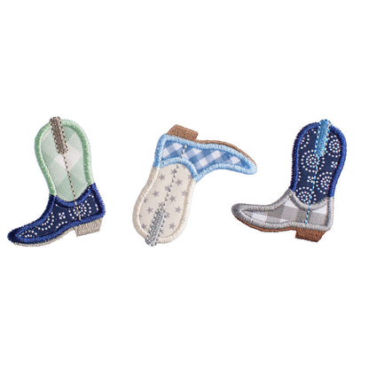 Close-up shot showing detail of the appliqued cowboy boots and the beautiful stitching.