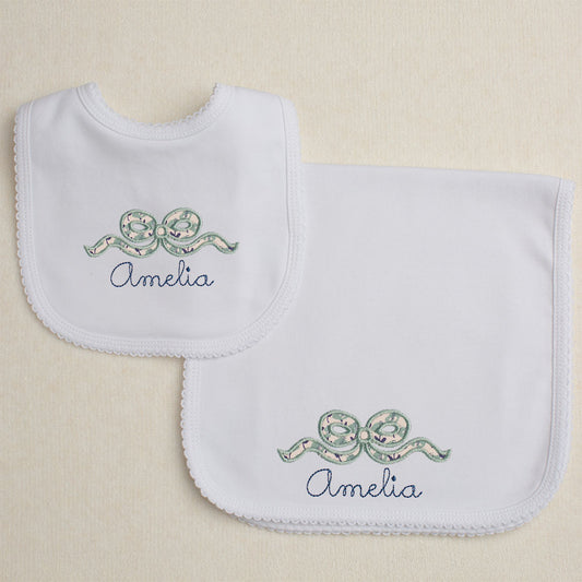 Navy Floral Applique Bow Picot Bib/Picot Burp Pad Set