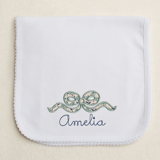 Navy Floral Bow Applique Knit Burp Cloth Pad w/Picot