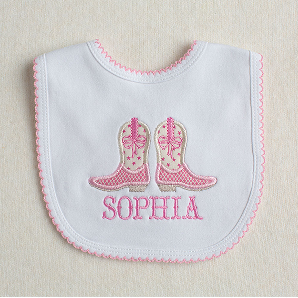 Shooting Stars Cowgirl Boots + Bows Applique Picot Bib - Pink