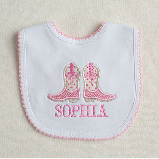 Shooting Stars Cowgirl Boots + Bows Applique Picot Bib - Pink