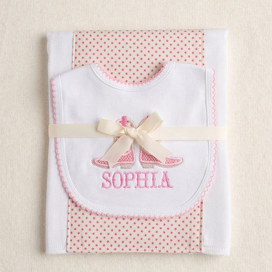 Shooting Stars Cowboy Boots + Bows Applique Bib/Fabric Burp Pad Set - Pink