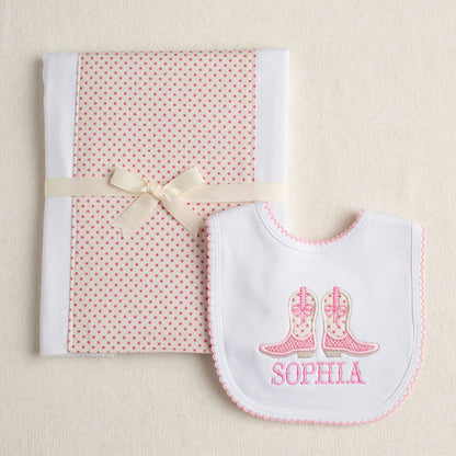 Shooting Stars Cowboy Boots + Bows Applique Bib/Fabric Burp Pad Set - Pink