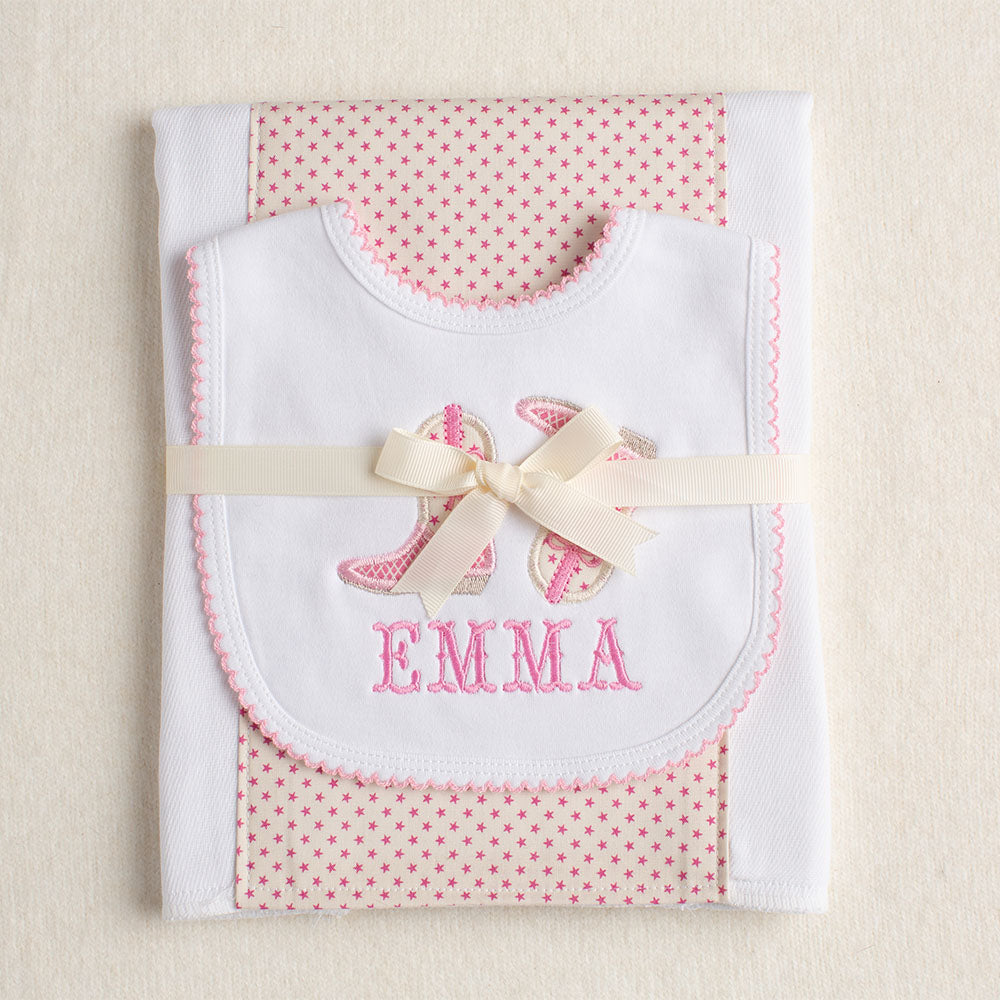 Shooting Stars Kickin' Applique Boots + Bows Bib/Fabric Burp Pad Set - Pink