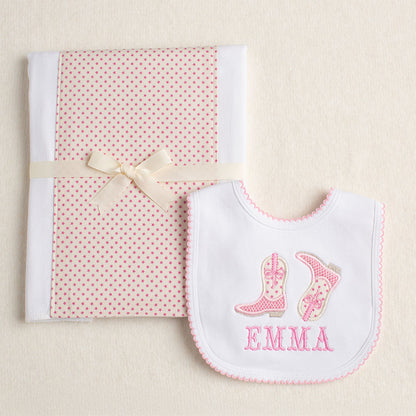 Shooting Stars Kickin' Applique Boots + Bows Bib/Fabric Burp Pad Set - Pink