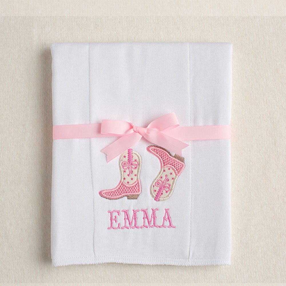 Shooting Stars Kickin' Applique Boots+ Bows Burp Pad - Pink