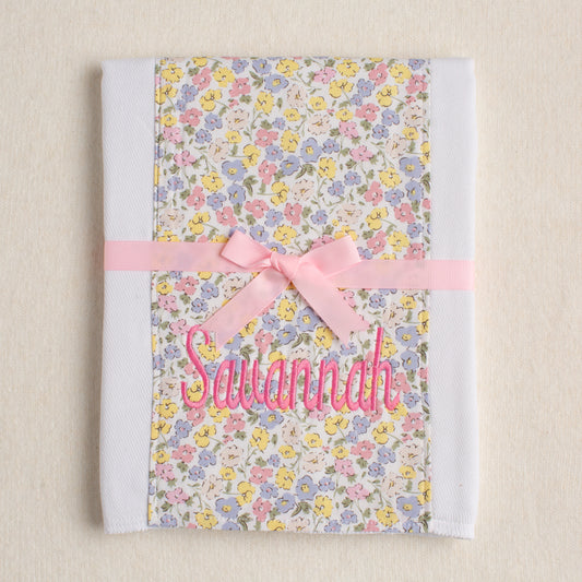 Boutique baby personalized fabric burp pad with Liberty of London looking pink floral fabric.