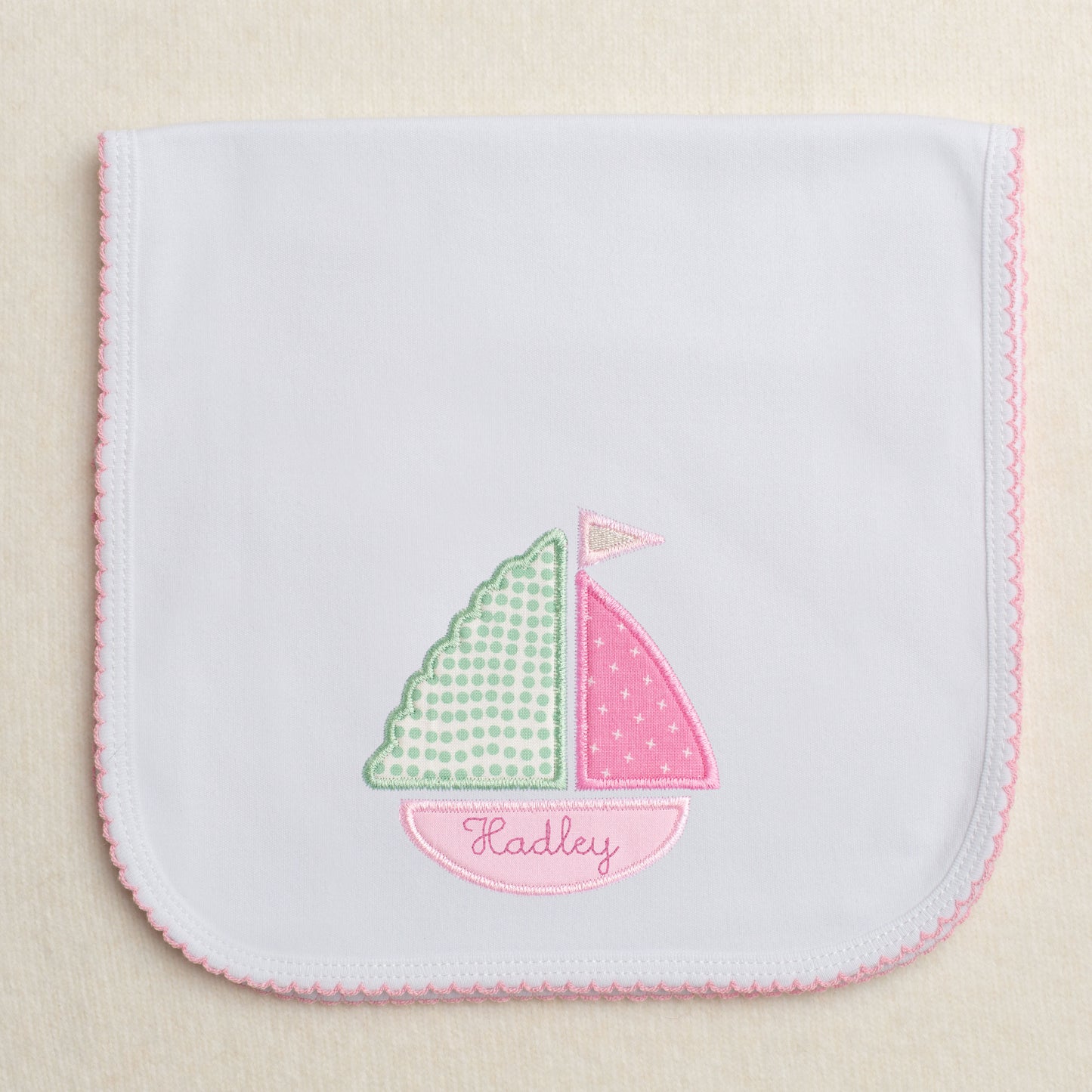 Pink Applique Sailboat Knit Burp Cloth Pad w/Picot Edge