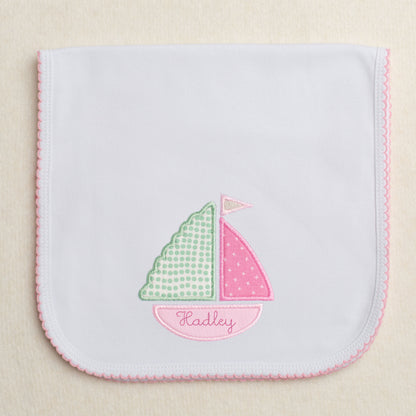 Pink Applique Sailboat Knit Burp Cloth Pad w/Picot Edge