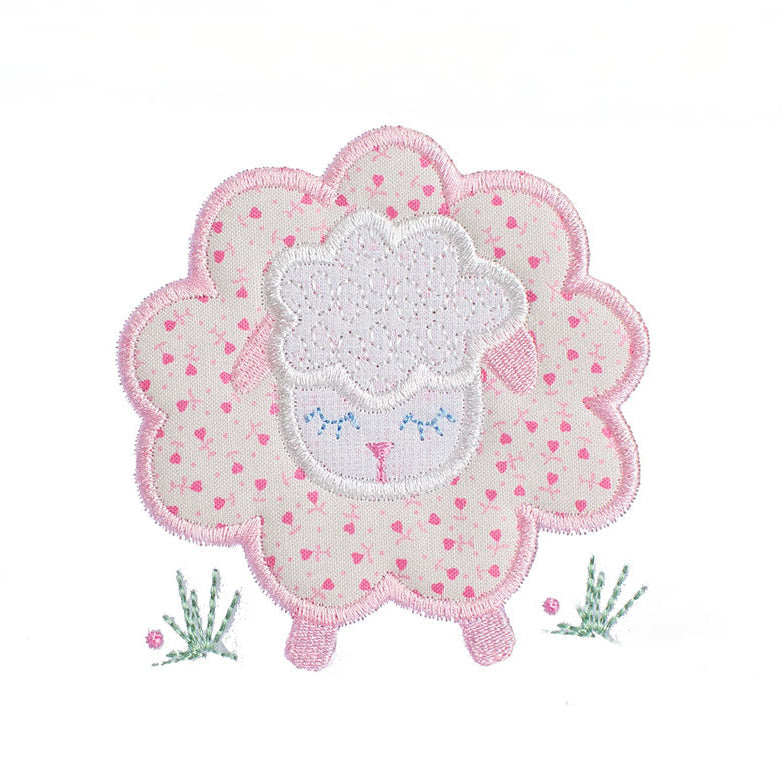original hand made pink floral sheep applique with a combination of delightful patterns making a sweet design for baby
