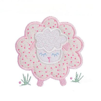 original hand made pink floral sheep applique with a combination of delightful patterns making a sweet design for baby