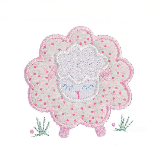 original hand made pink floral sheep applique with a combination of delightful patterns making a sweet design for baby