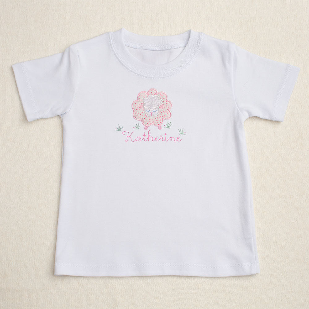 premium white cotton tshirt with hand applied pink floral sheep applique