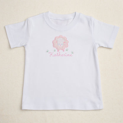 premium white cotton tshirt with hand applied pink floral sheep applique