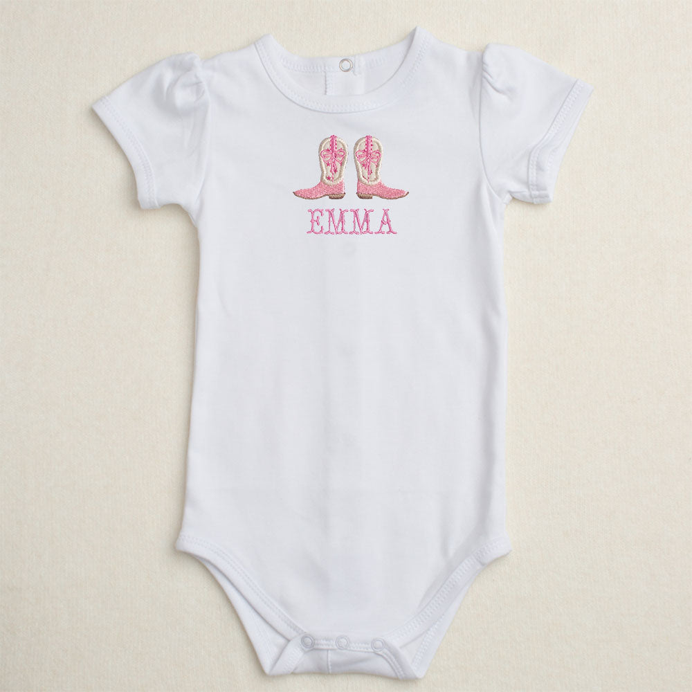 Shooting Stars Cowgirl Boots + Bows Applique Onesie - Pink