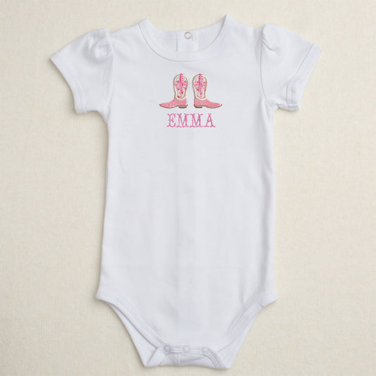 Shooting Stars Cowgirl Boots + Bows Applique Onesie - Pink
