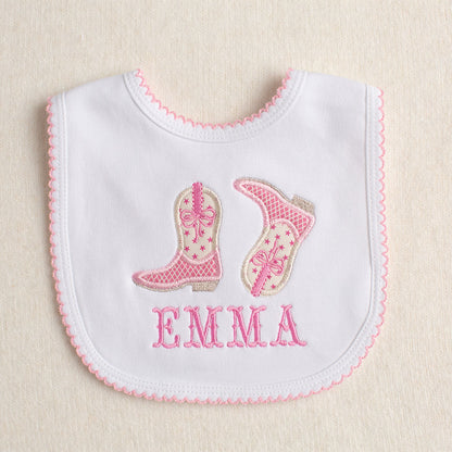 Shooting Stars Kickin' Applique Boots + Bows Picot Bib - Pink