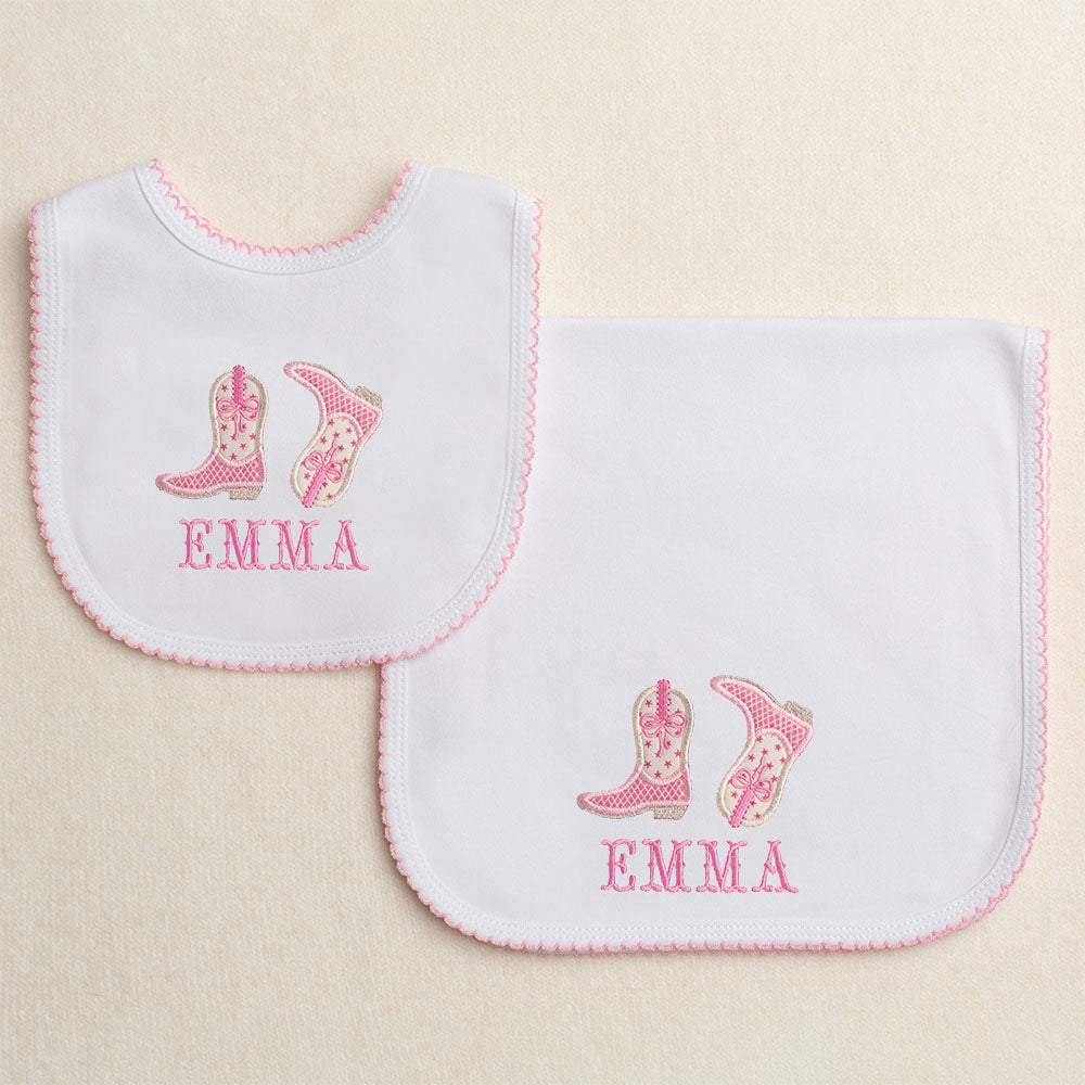 Shooting Stars Applique Kickin' Boots + Bows Picot Bib/Picot Burp Pad Set - Pink
