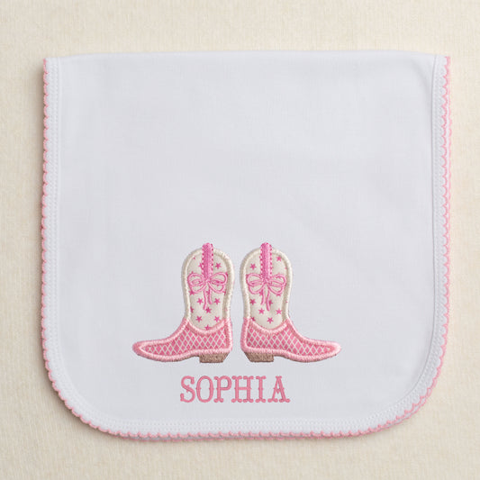 Picot trimmed burp pad with pink cowgirl boot applique and an embroidered name