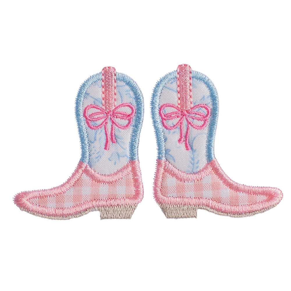 pink check and blue toile floral cowgirl boot applique