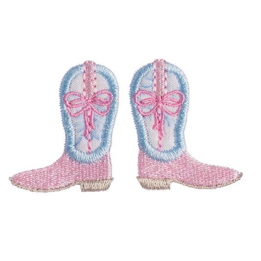Appliqued pair of Shabby Chic Cowgirl boots with a pink and blue floral fabric applique