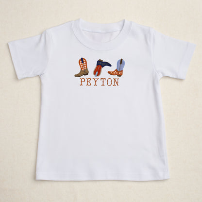 Trio Appliqued Boots w/Name - Burnt Orange/Brown/Chambray + Indigo T-Shirt