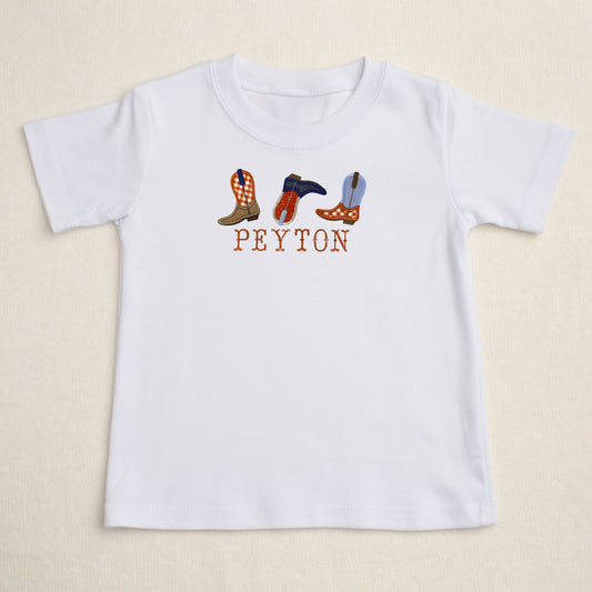 Trio Appliqued Boots w/Name - Burnt Orange/Brown/Chambray + Indigo T-Shirt