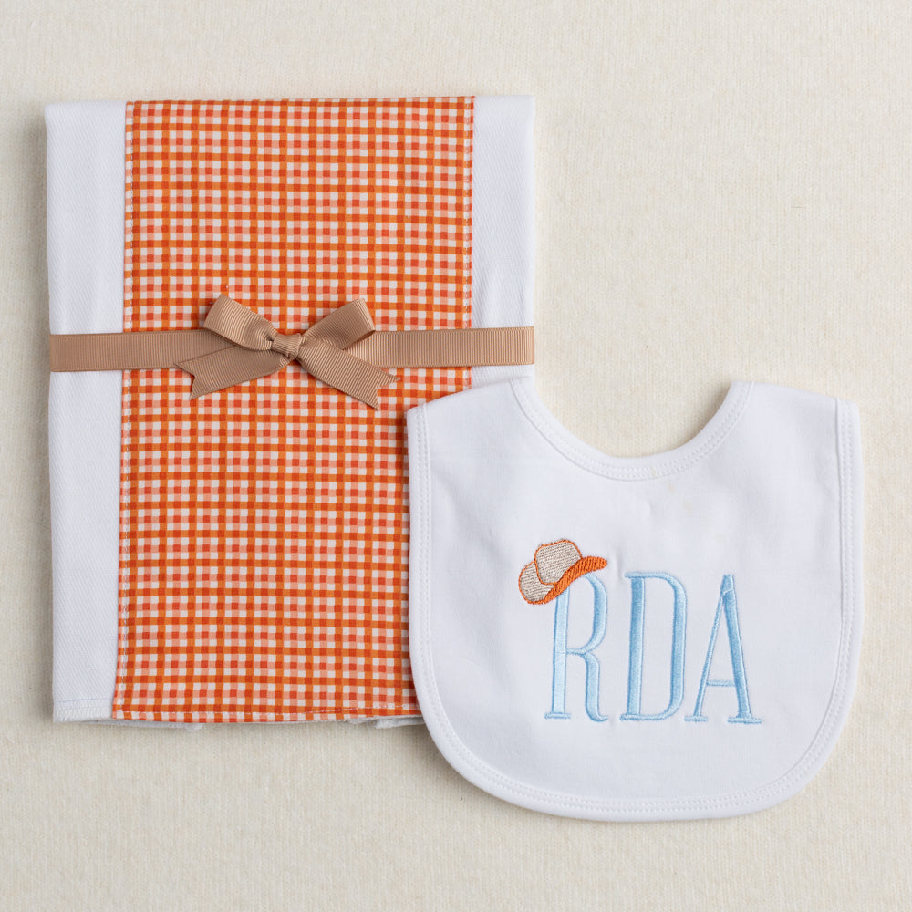 Tip Your Hat Embroidered Initials Bib with Burnt Orange Check Fabric Burp Cloth