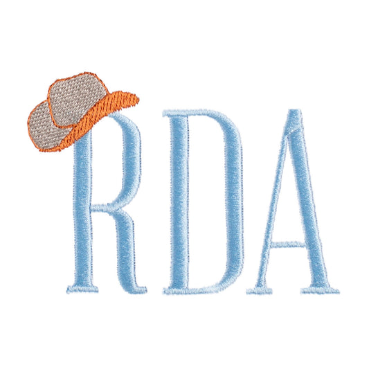Close up of Deacon Lane's Embroidered Tip Your Hat Monogram