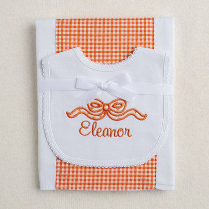 Gift Set with Applique Bow Bib w/Name and Burnt Orange Check Fabric Burp Pad