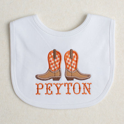 Cowboy Boots Applique  Bib  - Brown/Burnt Orange