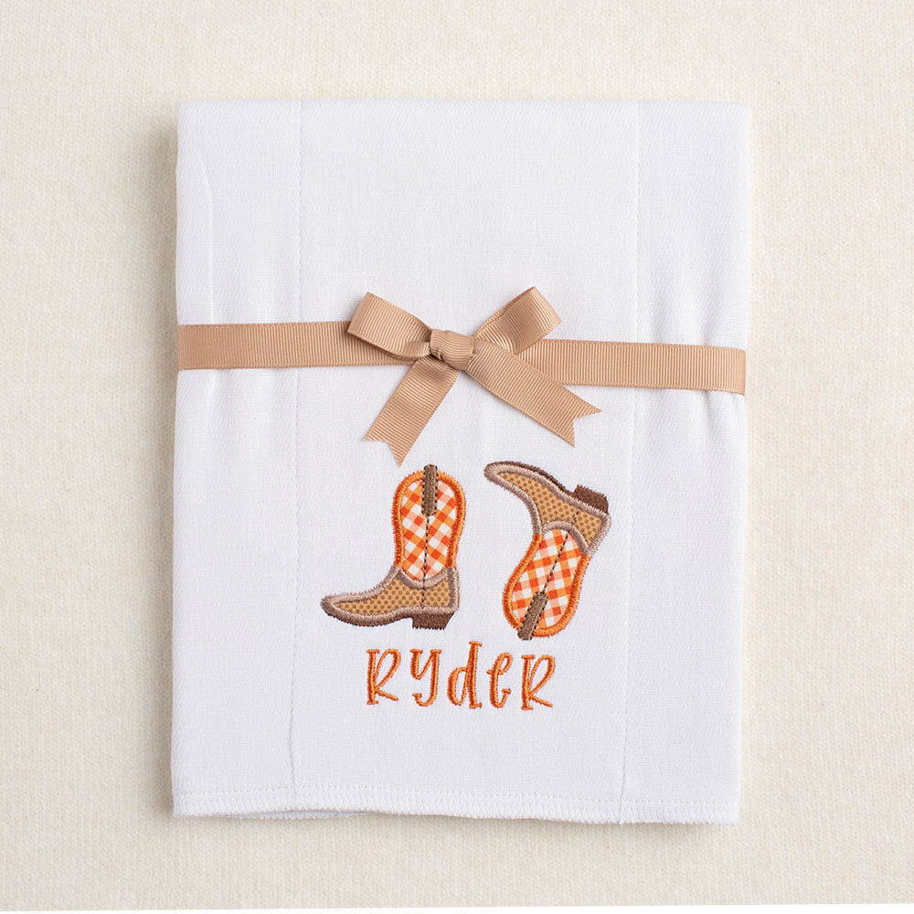 Kickin' Applique Boots Burp Pad - Brown/Burnt Orange