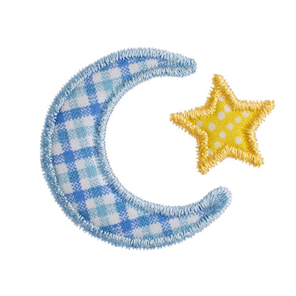 Close up of Deacon Lane's exclusive moon and star applique using exquisite craftsmanship and offering one of a kind gift giving