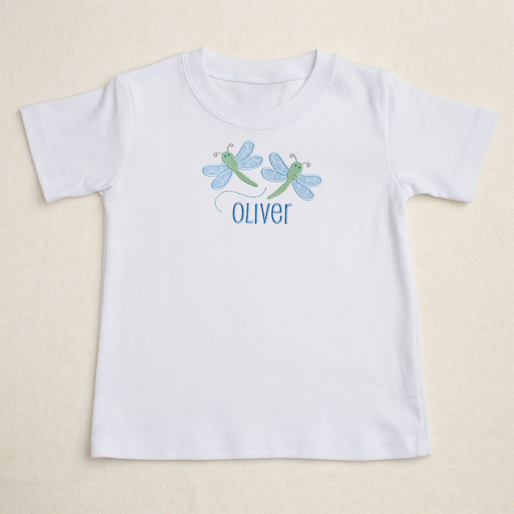 white t-shirt for bigger kids featuring Deacon Lane's exclusive dragonflies design.  Perfect to match layette items with the same design.  Personalized with a custom embroidered name.