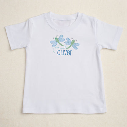 white t-shirt for bigger kids featuring Deacon Lane's exclusive dragonflies design.  Perfect to match layette items with the same design.  Personalized with a custom embroidered name.