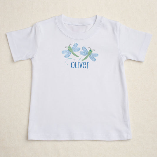 white t-shirt for bigger kids featuring Deacon Lane's exclusive dragonflies design.  Perfect to match layette items with the same design.  Personalized with a custom embroidered name.