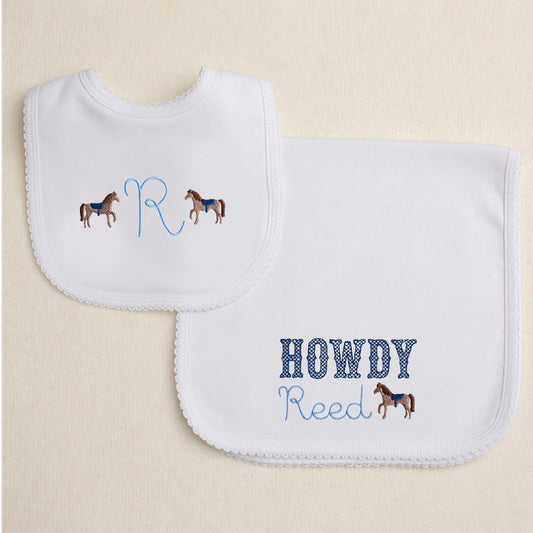 Boutique baby gift set of 2 pieces in white cotton knit with picot trim with a western theme featuring Howdy and mini embroidered horses