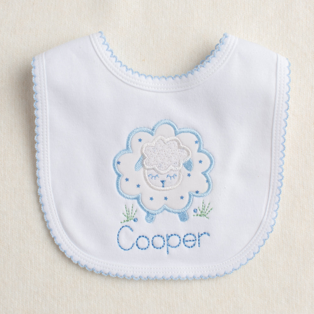 Cotton Baby bib with applique sheep design and a personalized embroidered custom name