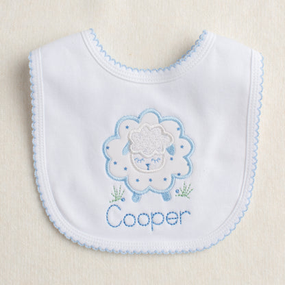 Cotton Baby bib with applique sheep design and a personalized embroidered custom name