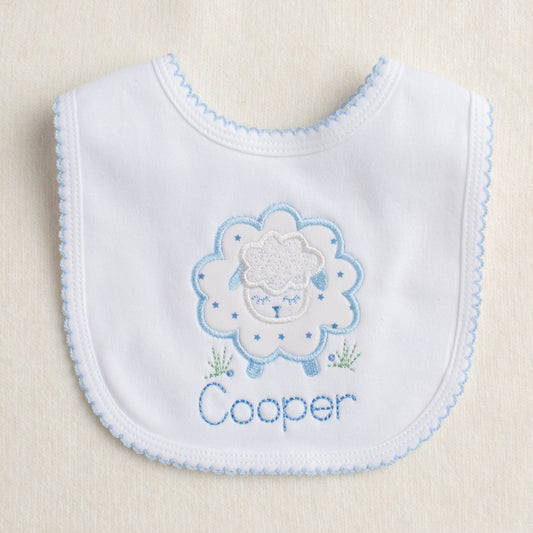 Cotton Baby bib with applique sheep design and a personalized embroidered custom name