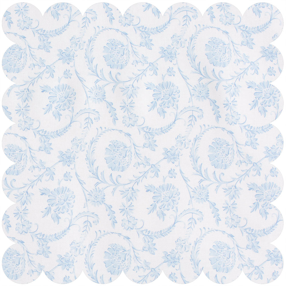 Blue floral toile fabric.