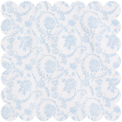 Blue floral toile fabric.