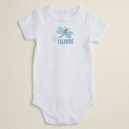 All cotton bodysuit with short sleeves and a blue dragonfly applique that can be personalized with embroidery