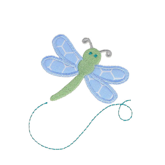 Close up of blue and green Deacon Lane applique dragonfly